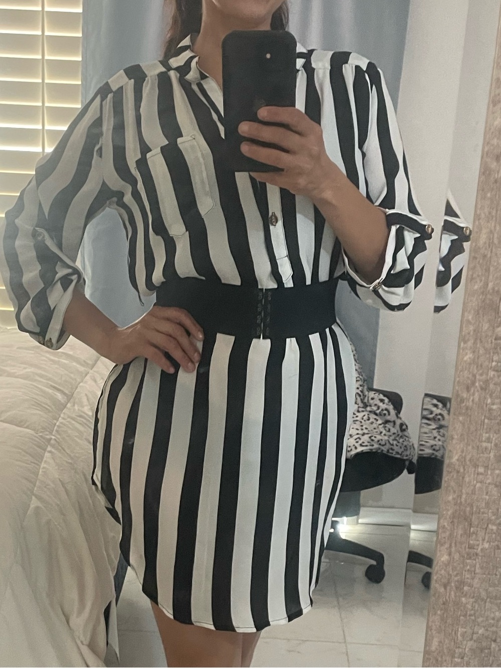 Black and White Striped Shirt Dress agaci M belt included